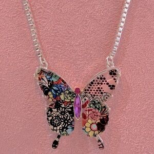 Floral Butterfly Pendant Necklace
